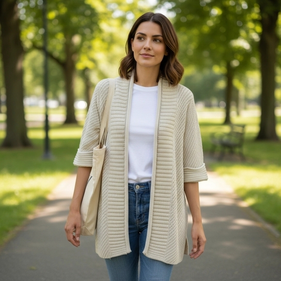 Classiques Entier Sweaters - CLASSIQUES ENTIER Evening Beige Gold Metallic Cardigan Sweater Large